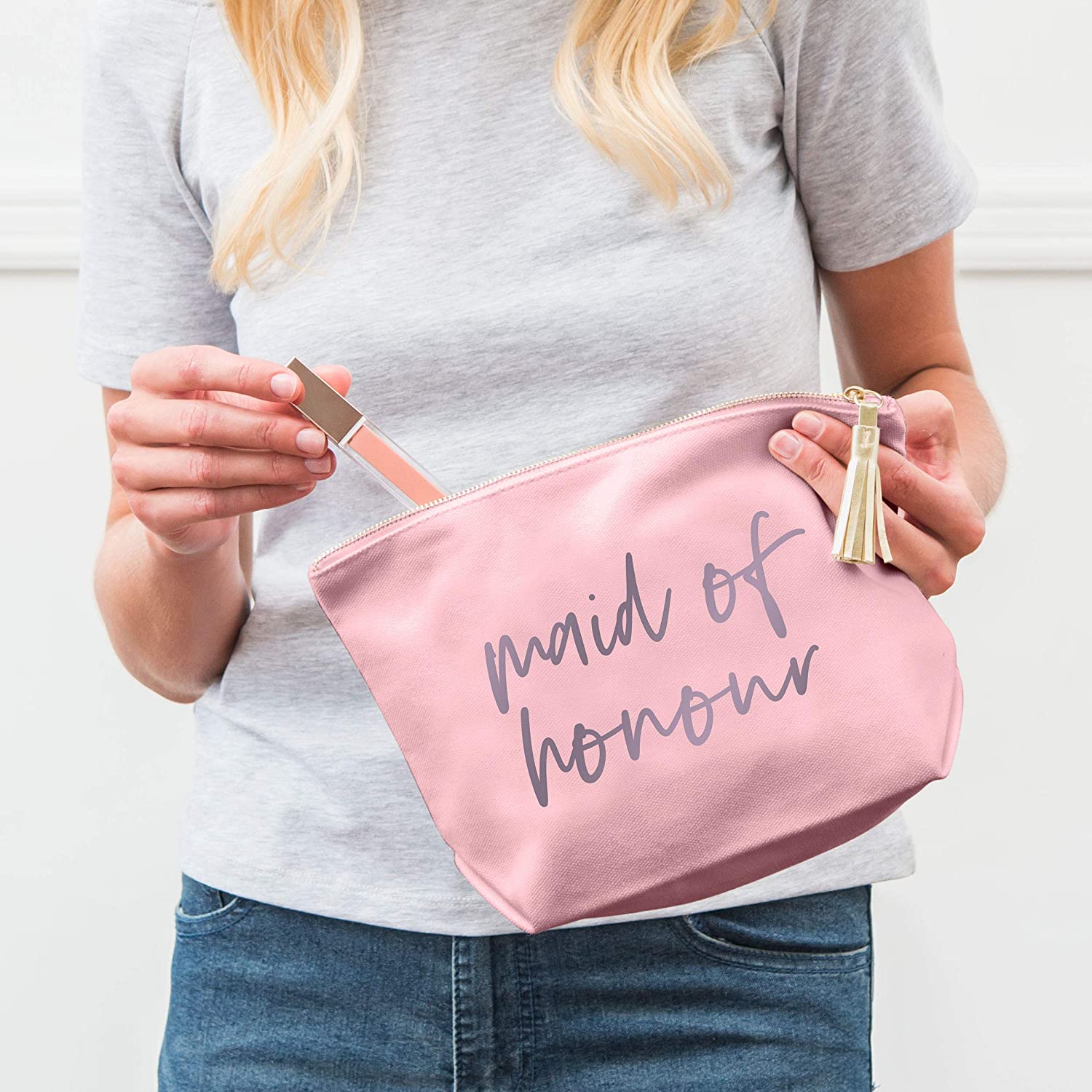 Weddingstar Large Personalized Canvas Makeup Bag - Maid of Honour Script Pastel Pink