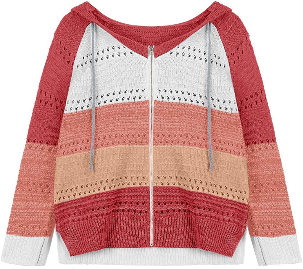 Dosoop Women Shirt 2020 Blouse Sweater Hoodies Patchwork Long Sleeves Hooded Cardigan Knitted Pullov