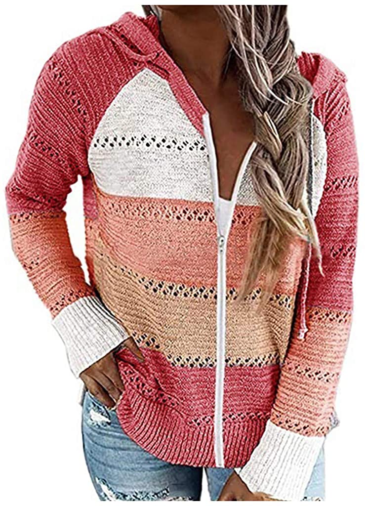 Dosoop Women Shirt 2020 Blouse Sweater Hoodies Patchwork Long Sleeves Hooded Cardigan Knitted Pullov