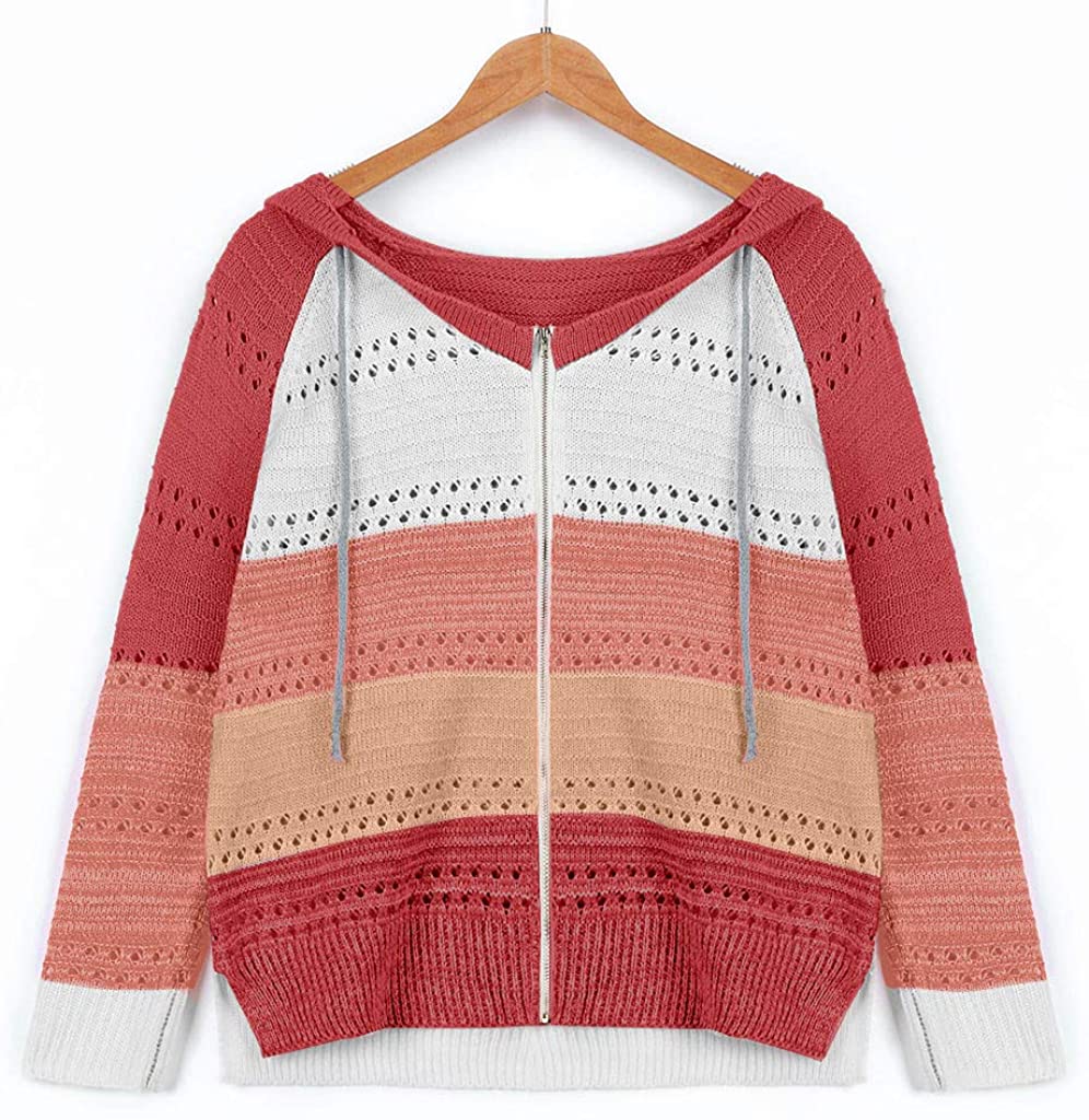 Dosoop Women Shirt 2020 Blouse Sweater Hoodies Patchwork Long Sleeves Hooded Cardigan Knitted Pullov