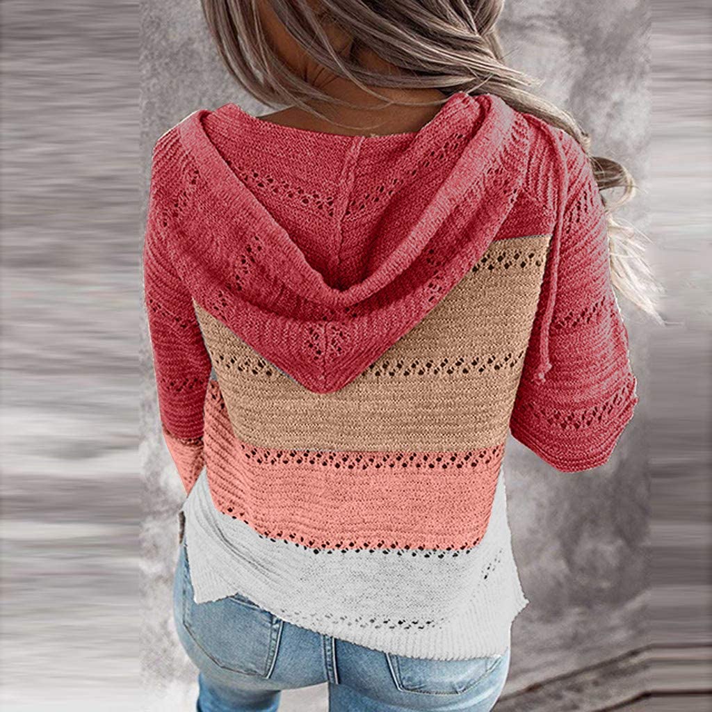 Dosoop Women Shirt 2020 Blouse Sweater Hoodies Patchwork Long Sleeves Hooded Cardigan Knitted Pullov
