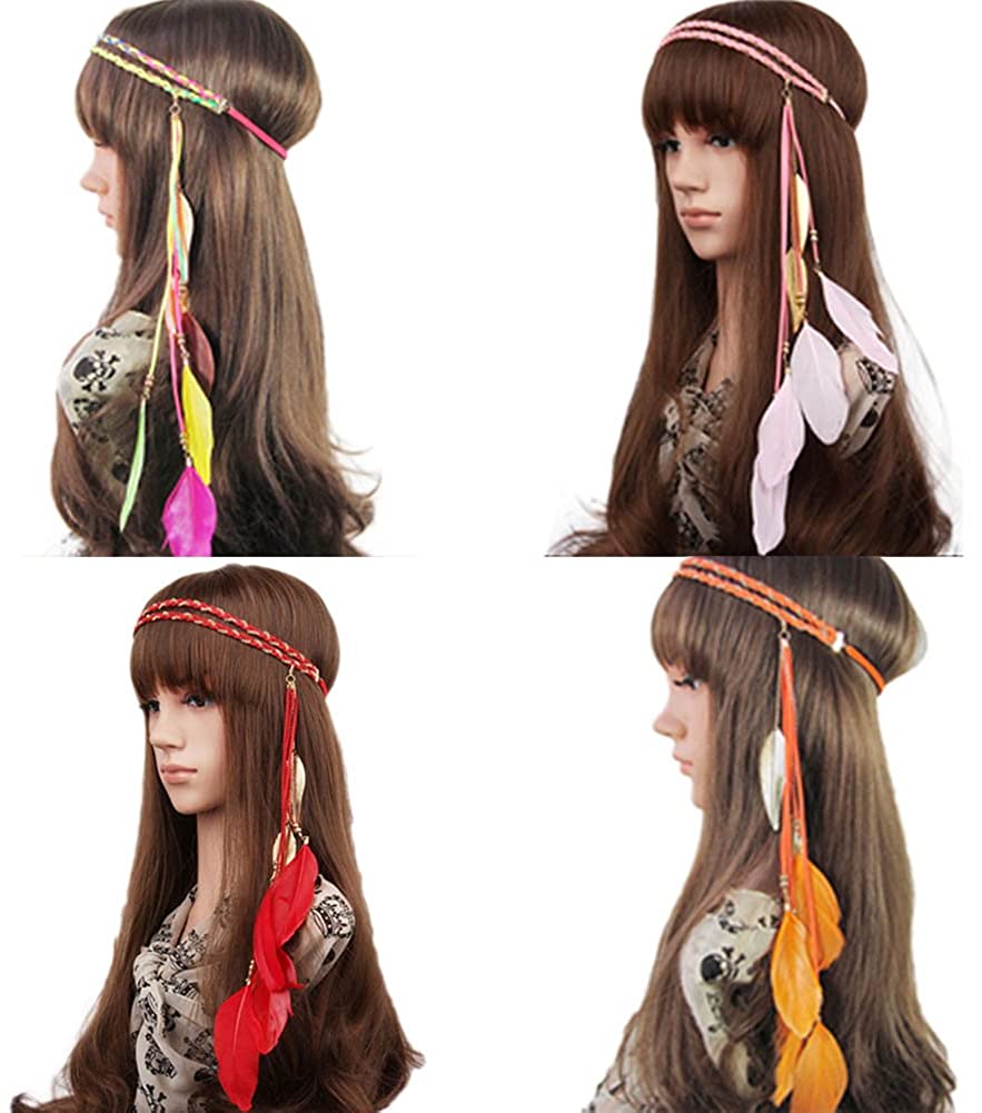 Song Qing Women Feather Leaf Tassels Braided Hippie Headband Hair Accessories