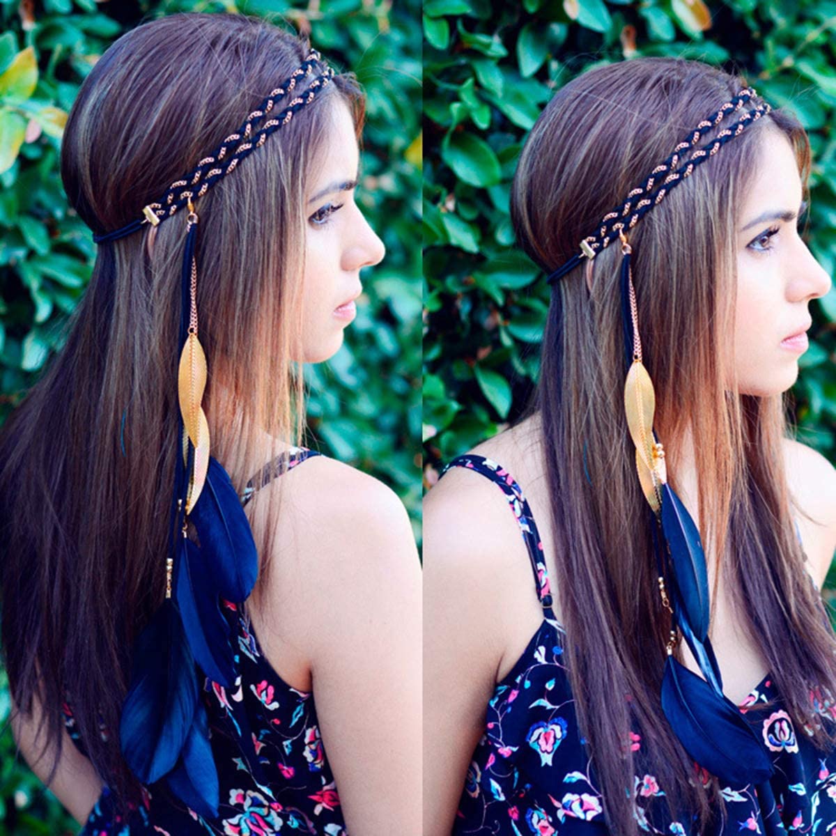 Song Qing Women Feather Leaf Tassels Braided Hippie Headband Hair Accessories