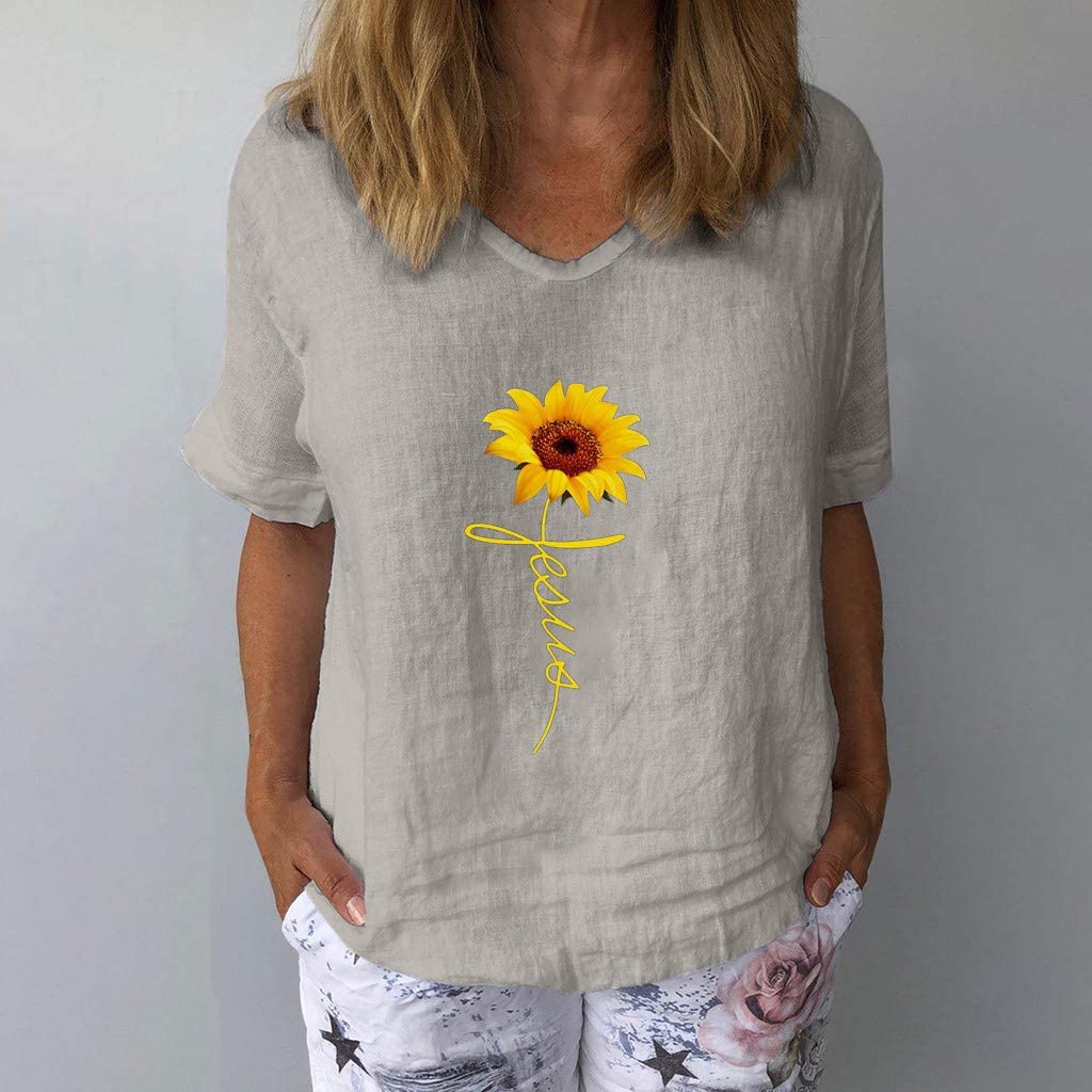 Dosoop Women Sunflower Print Linen Shirts Summer Short Sleeve Basic V Neck Loose Casual Tops T-Shirt