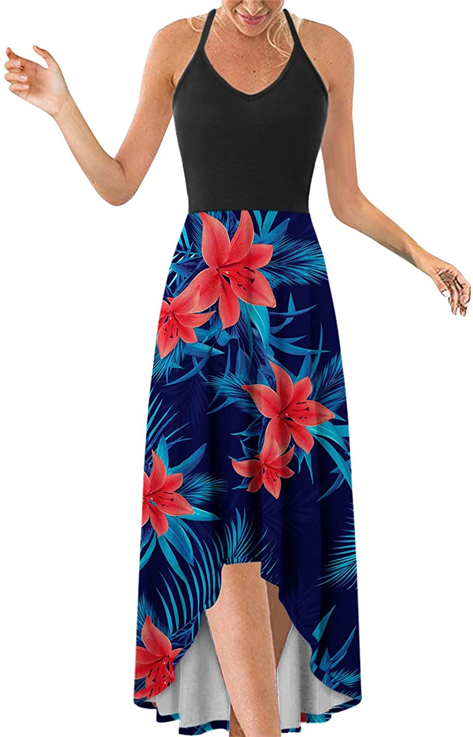 WYTong Women Sexy V-Neck Elegant Party Dress Irregular Hem Prints Long Party Dress Spaghetti Strap D