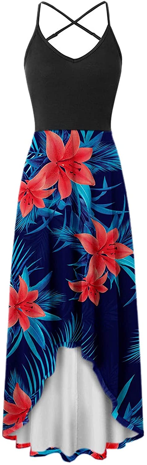 WYTong Women Sexy V-Neck Elegant Party Dress Irregular Hem Prints Long Party Dress Spaghetti Strap D