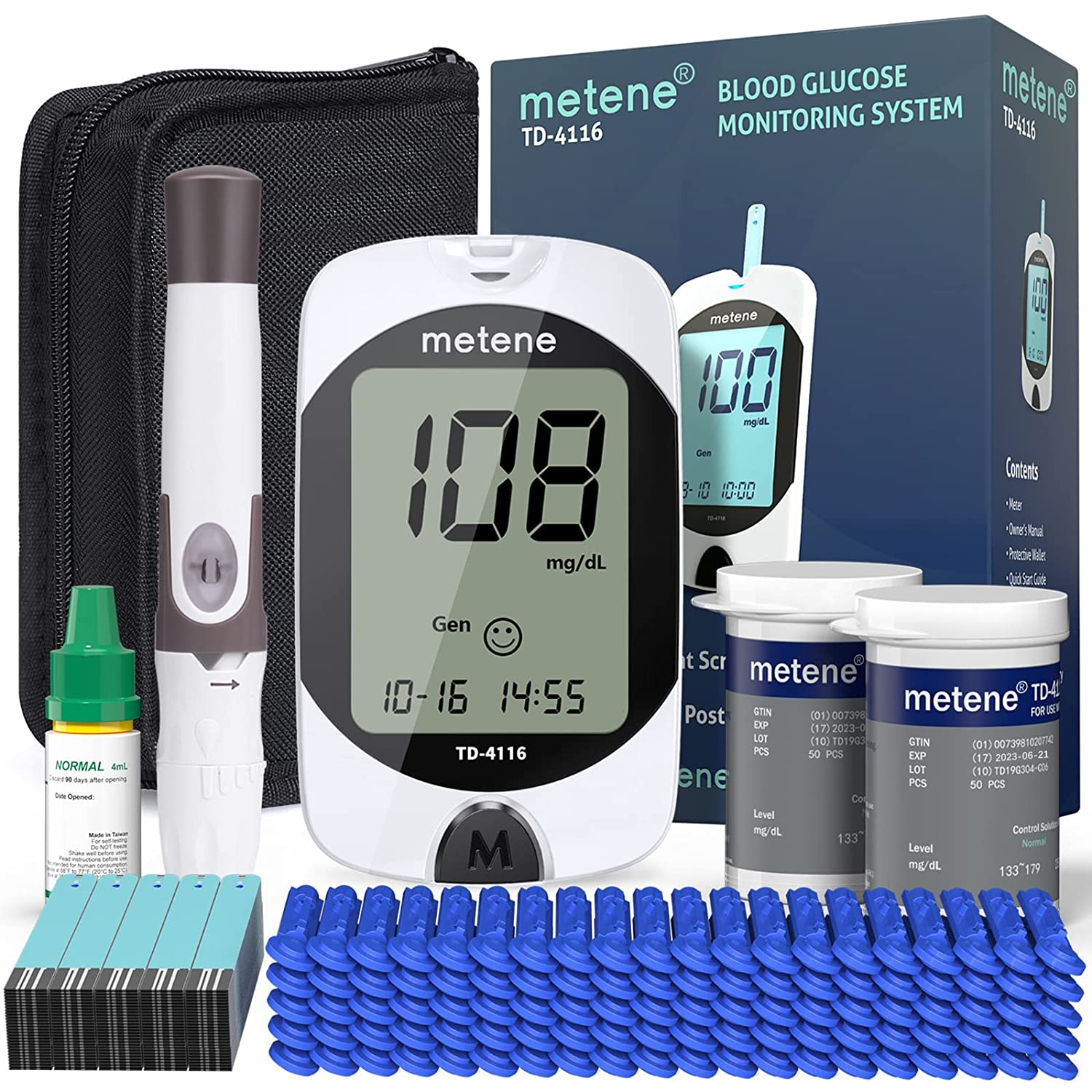 Metene TD-4116 Blood Glucose Monitor Kit, 300 Count Glucometer Test Strips for Diabetes and 100 Coun