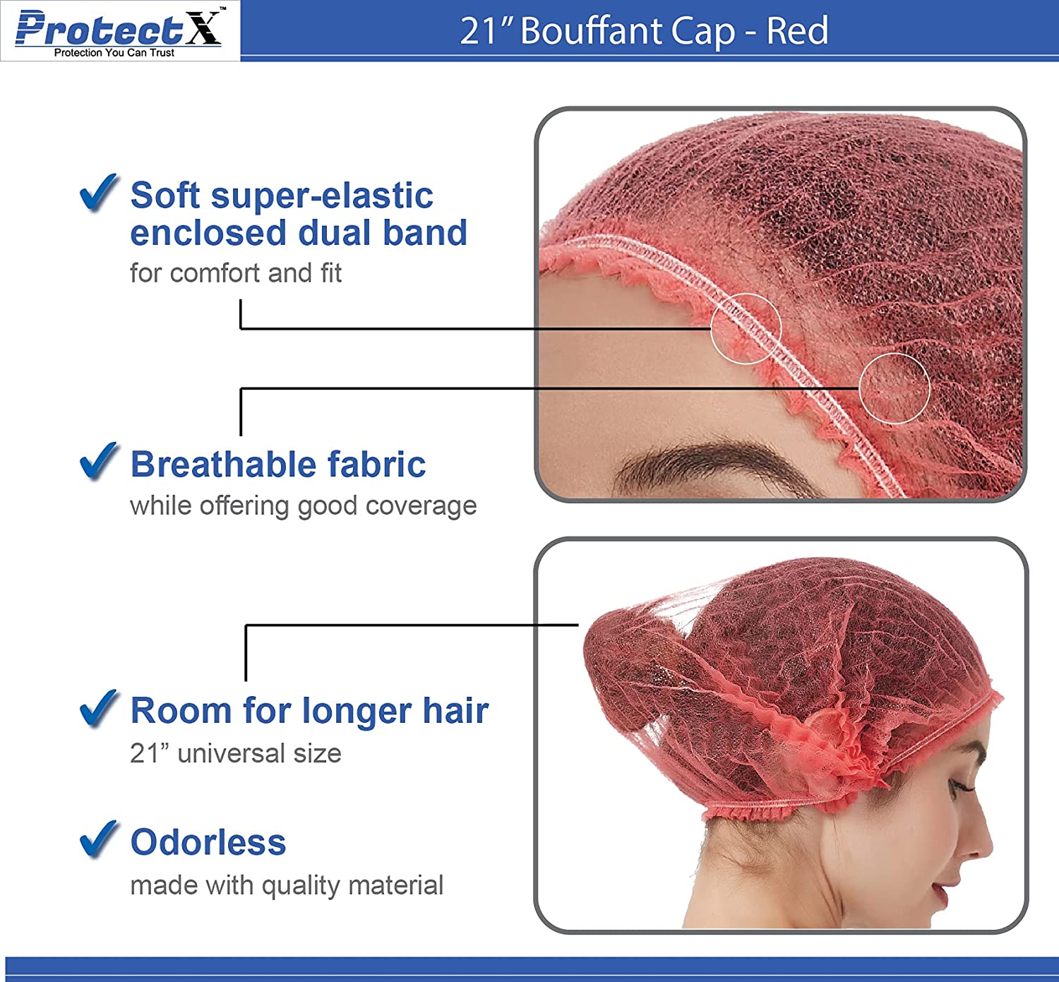 ProtectX Disposable Bouffant (Hair Net) Caps Hair Head Cover Nets 21” (Red 100 pack)