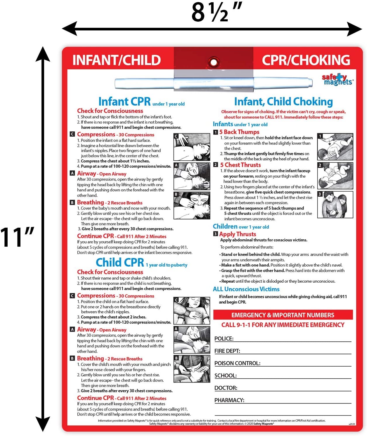 Infant and Child CPR and Choking Magnet - First Aid Quick Reference Card for Children - Emergency Ph