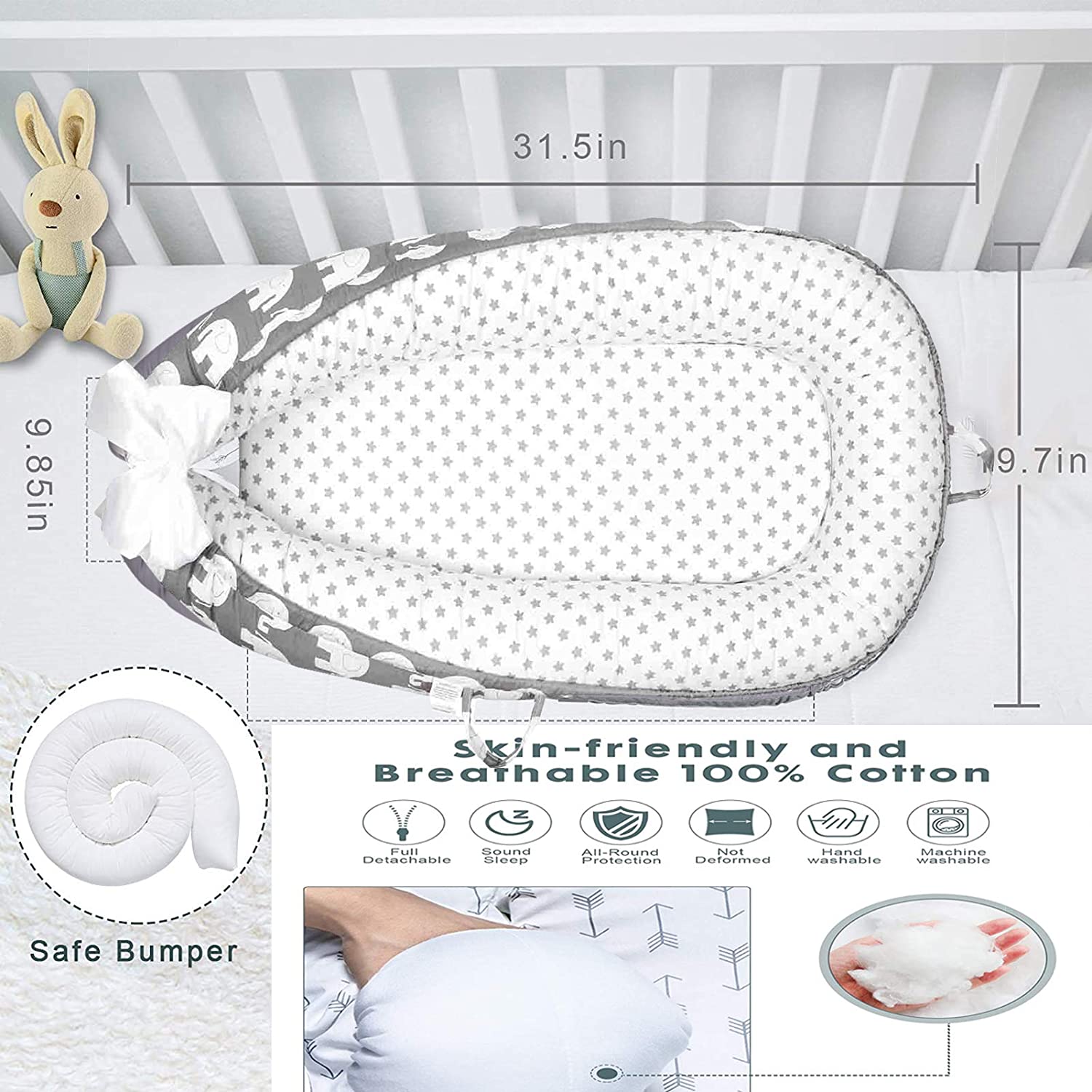 ABREEZE Baby Nest Baby Lounger Co-Sleeping Newborn Lounger Breathable Cotton Crib Bassinet Machine W