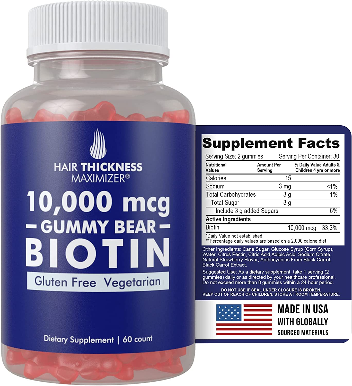 Biotin 10000 mcg Gummies by Hair Thickness Maximizer | Vegetarian, Gluten Free. 10000mcg Natural Gum