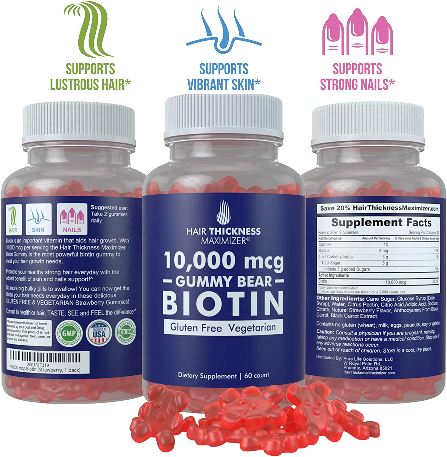 Biotin 10000 mcg Gummies by Hair Thickness Maximizer | Vegetarian, Gluten Free. 10000mcg Natural Gum