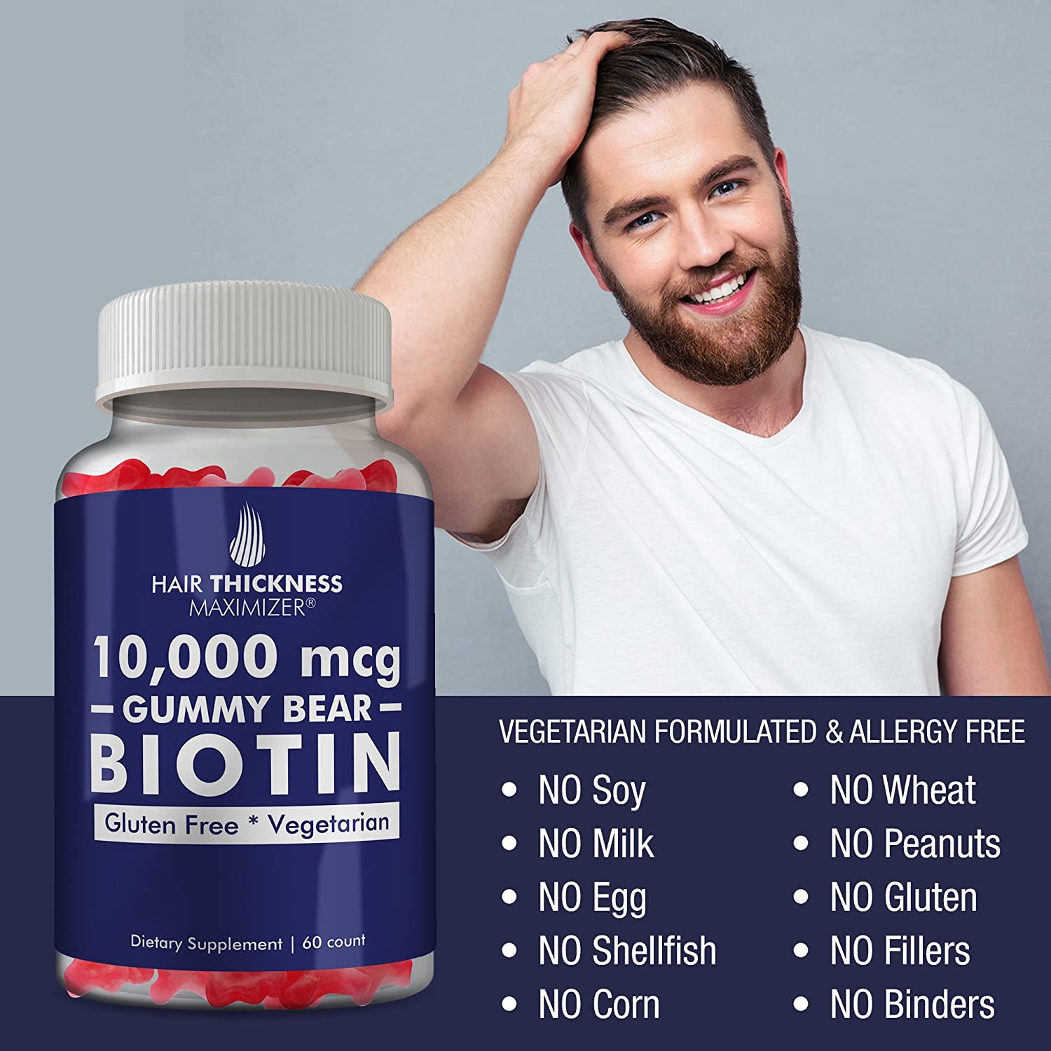 Biotin 10000 mcg Gummies by Hair Thickness Maximizer | Vegetarian, Gluten Free. 10000mcg Natural Gum