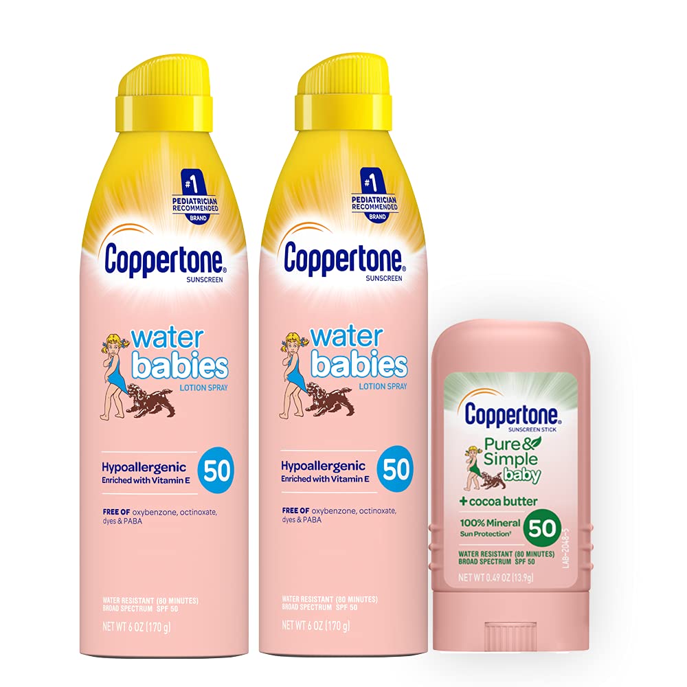 Coppertone WaterBabies SPF 50 Lotion Spray + Pure & Simple Baby Mineral SPF 50 Stick Multipack (6 Ou