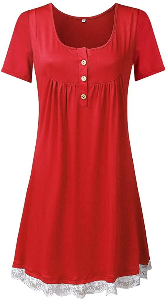 HebeTop ✰ Womens Fashion Short Sleeves Dress Lined with Lace Trim