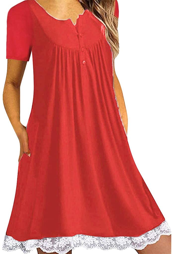 HebeTop ✰ Womens Fashion Short Sleeves Dress Lined with Lace Trim