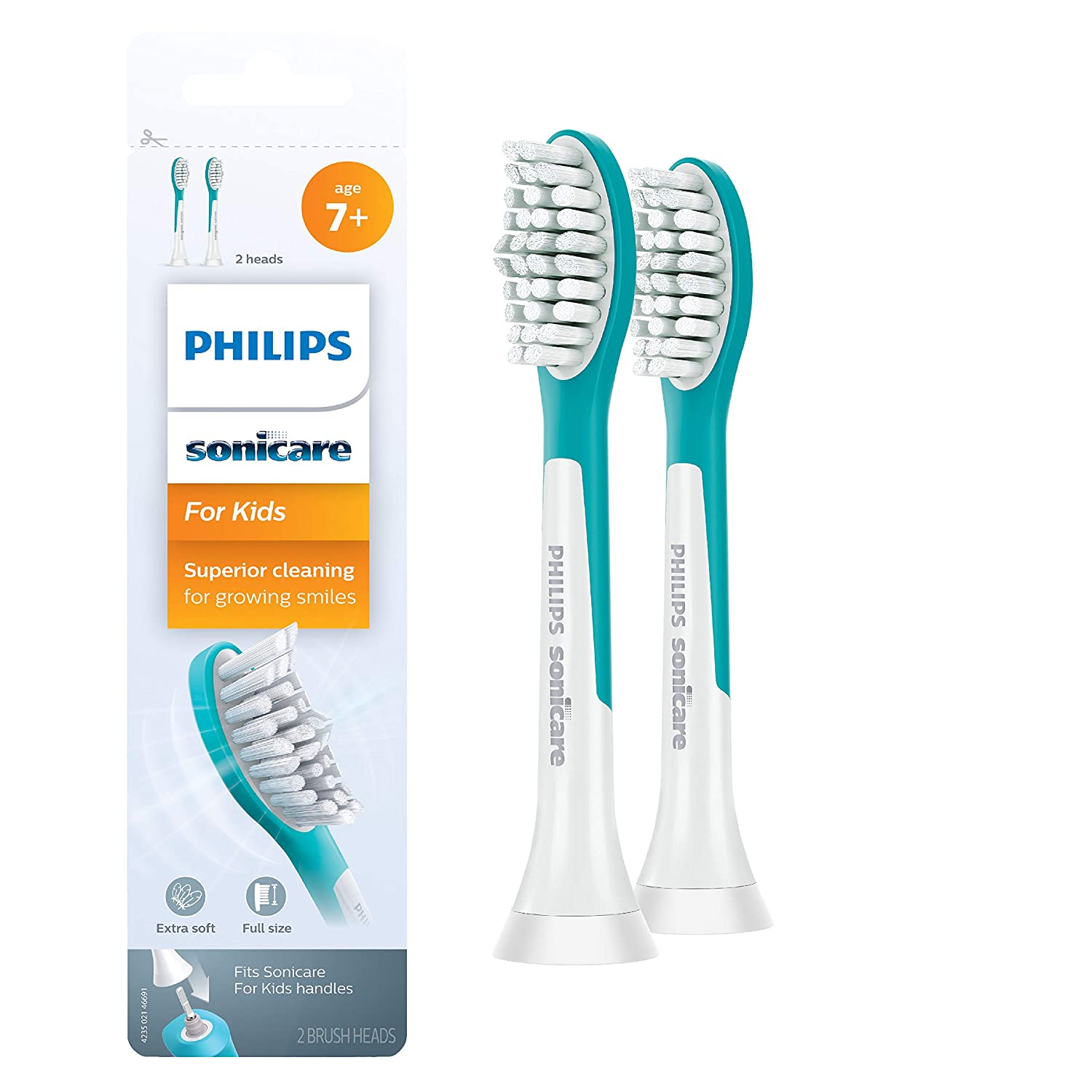 Philips Sonicare for Kids 7+ Genuine Replacement Toothbrush Heads, 2 Brush Heads, Turquoise and Whit