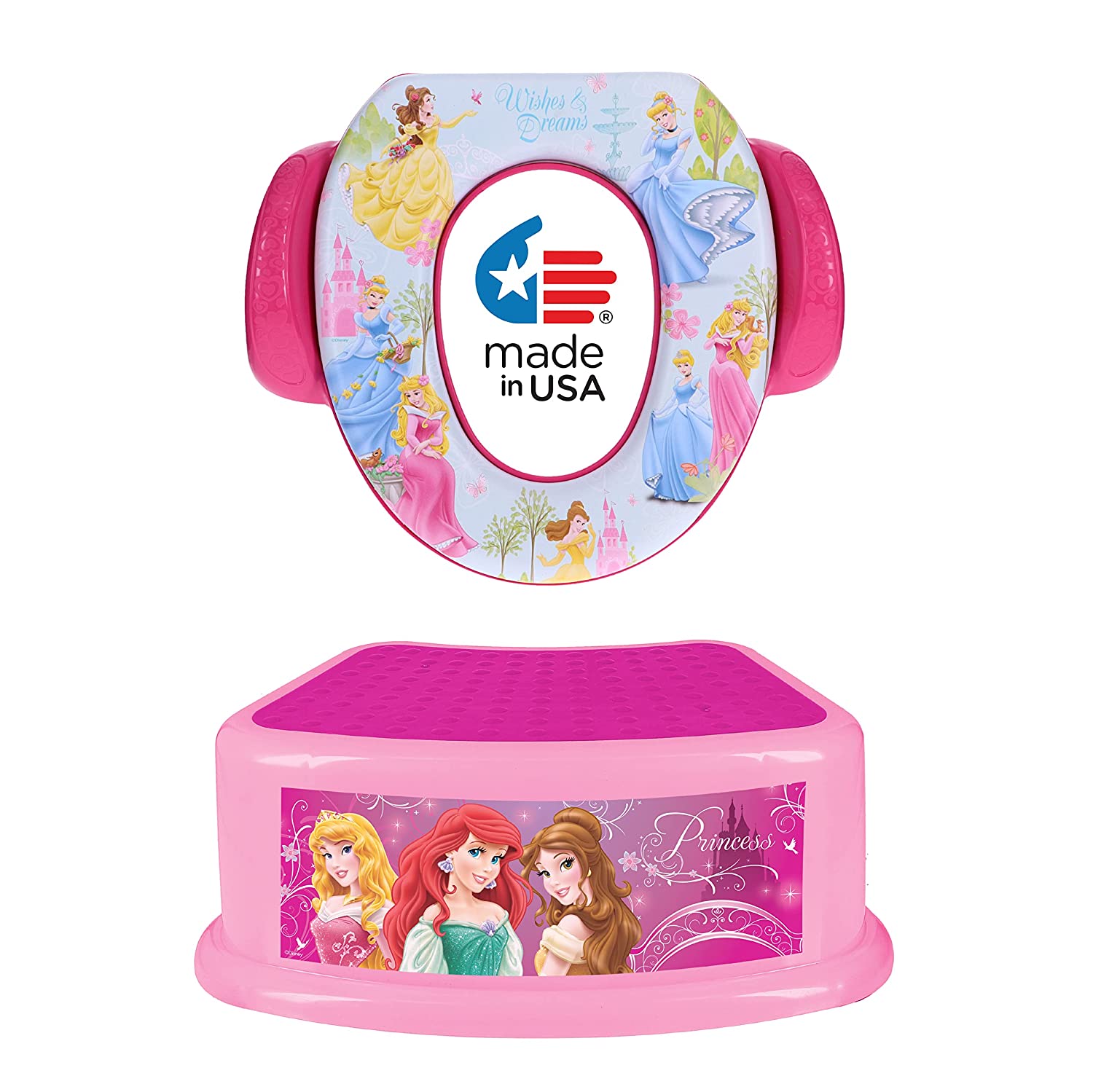 Disney Princess Kid's Toilet Training Combo Kit - Contour Step Stool & Soft Potty Seat, Pink, 2-Piec