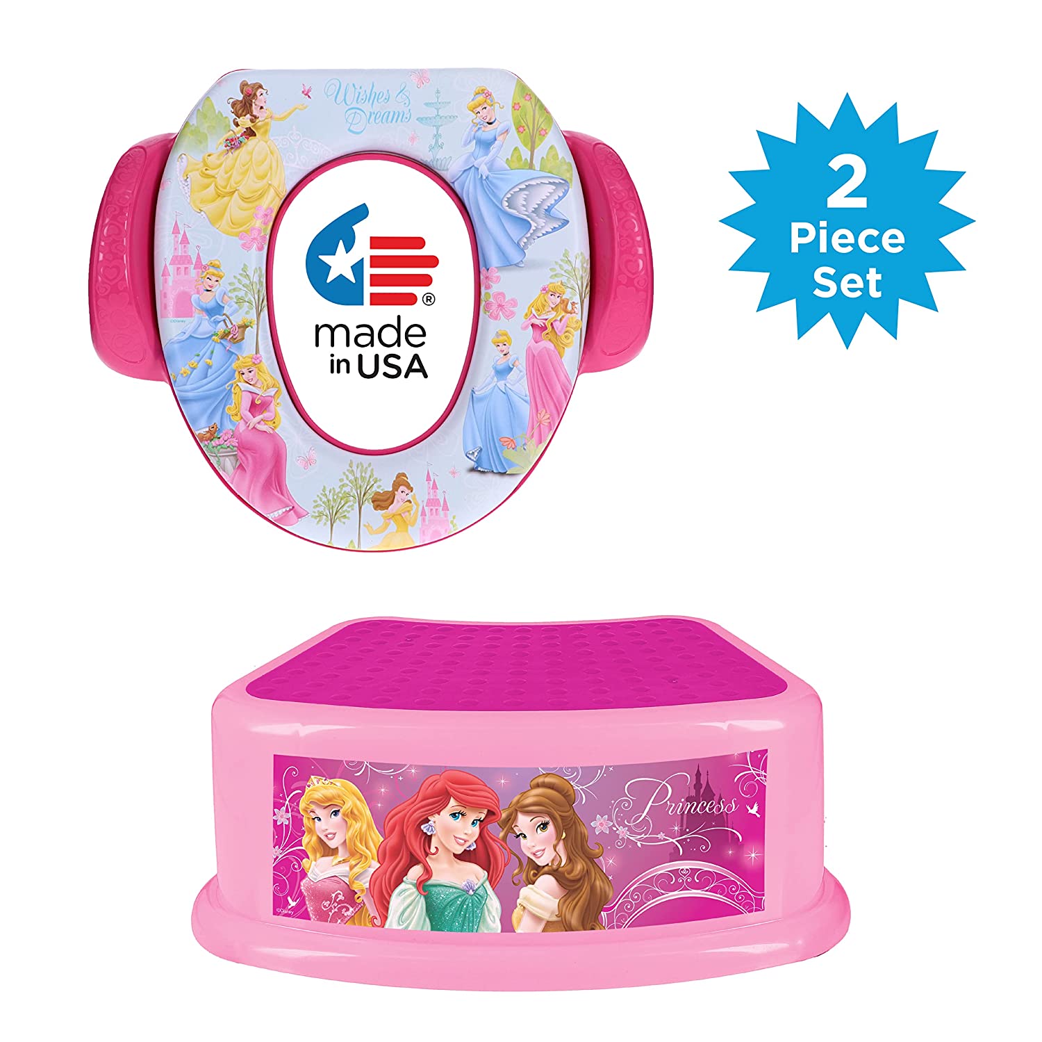 Disney Princess Kid's Toilet Training Combo Kit - Contour Step Stool & Soft Potty Seat, Pink, 2-Piec