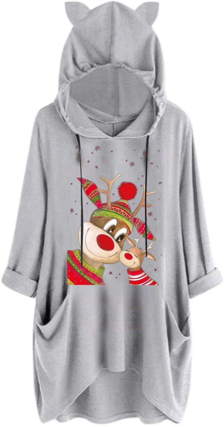 Dosoop Womens Long Sleeve Pocket Tops, Christmas Reindeer Print Hoodie Sweater Sweatshirt Hooded Pul