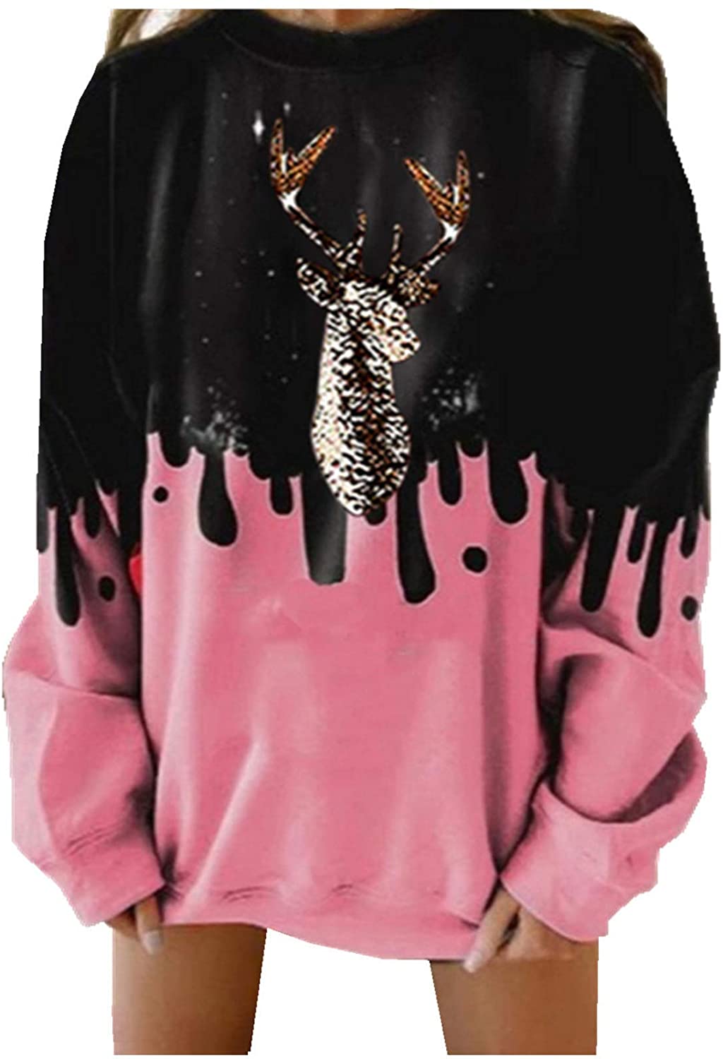 Dosoop Womens Christmas Casual Loose Crewneck Long Sleeve Sweatshirts Tie Dye Soft Reindeer Pullover