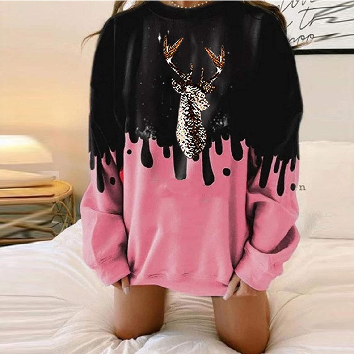 Dosoop Womens Christmas Casual Loose Crewneck Long Sleeve Sweatshirts Tie Dye Soft Reindeer Pullover