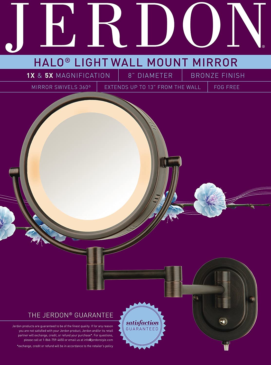 Jerdon HL65BZ 8-Inch Lighted Wall Mount Makeup Mirror with 5x Magnification, Bronze Finish