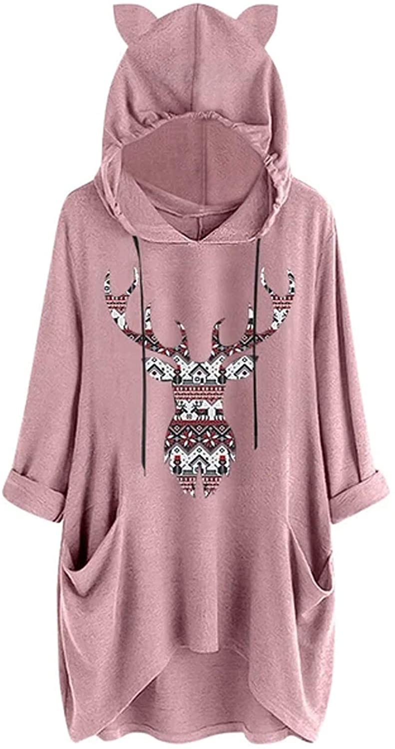 Dosoop Womens Christmas Hoodie Sweatshirts Casual Tunic Tops Hooded Long Sleeve Reindeer Graphics T 