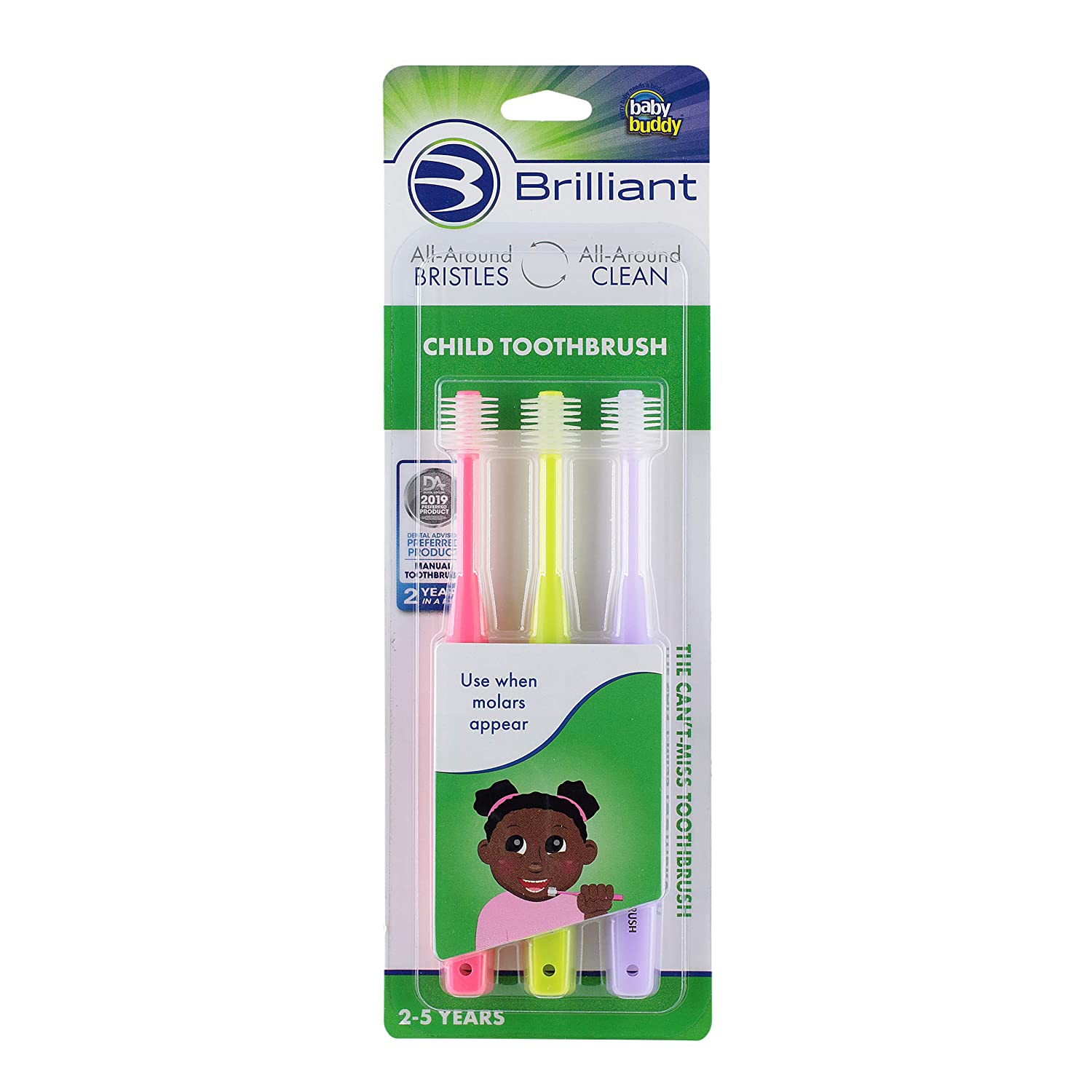 Brilliant Child Toothbrush by Baby Buddy - Ages 2-5 Years, When Molars Appear, Micro Bristles Clean