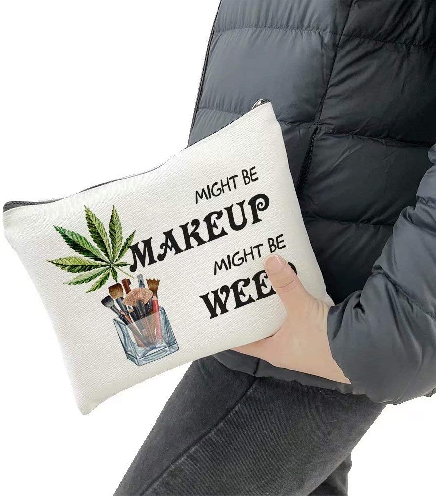 Funny Marijuana Weed Leaf Makeup Cosmetic Bag Might Be Makeup Might Be Weed Cotton Zipper Pouch Travel Bag Toiletry Make Up Case For Women Stoner Friend Bestie Sister Daughter Birthday Gifts