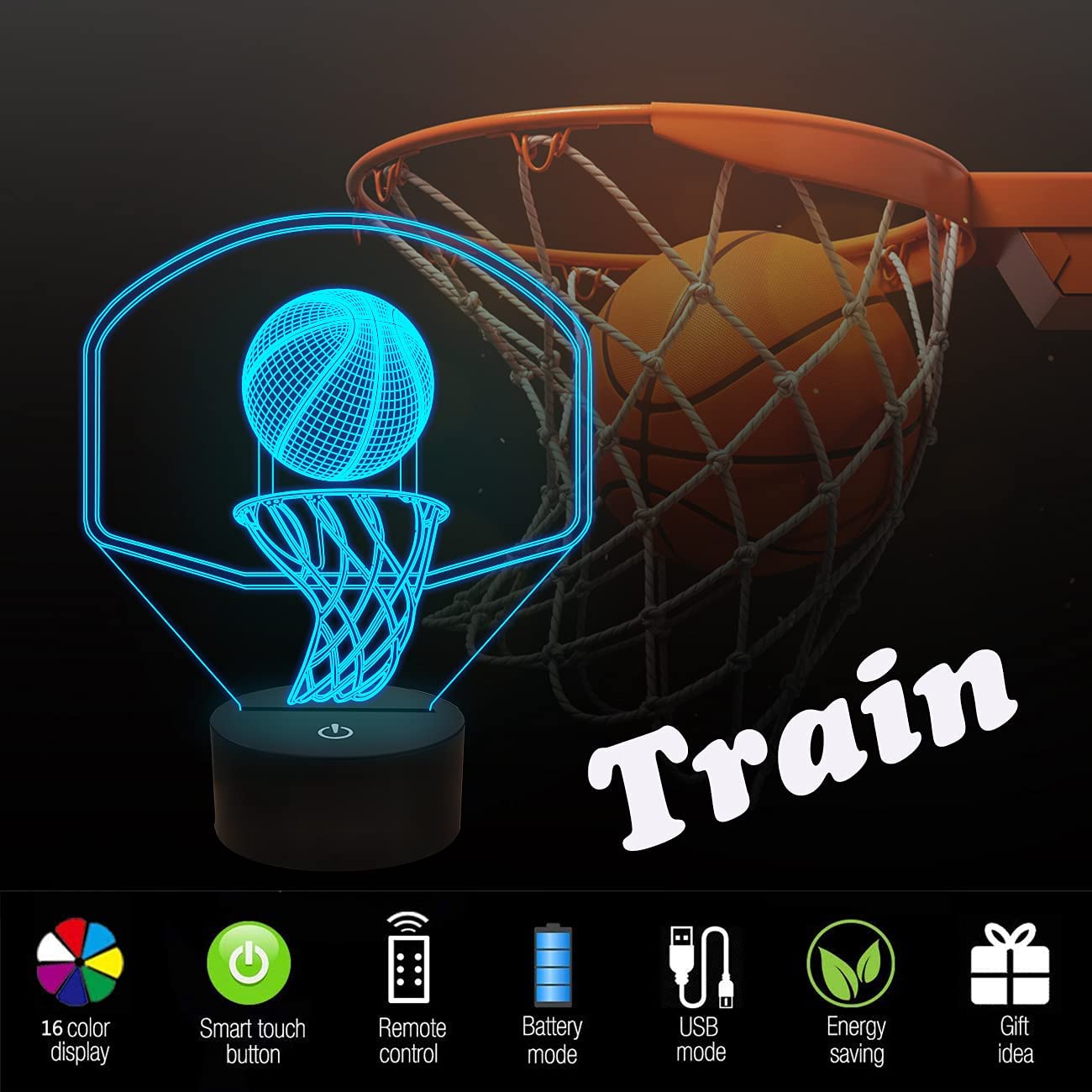 3D Basketball Night Light Backboard Illusion Hoop Lamp for Kids' Room