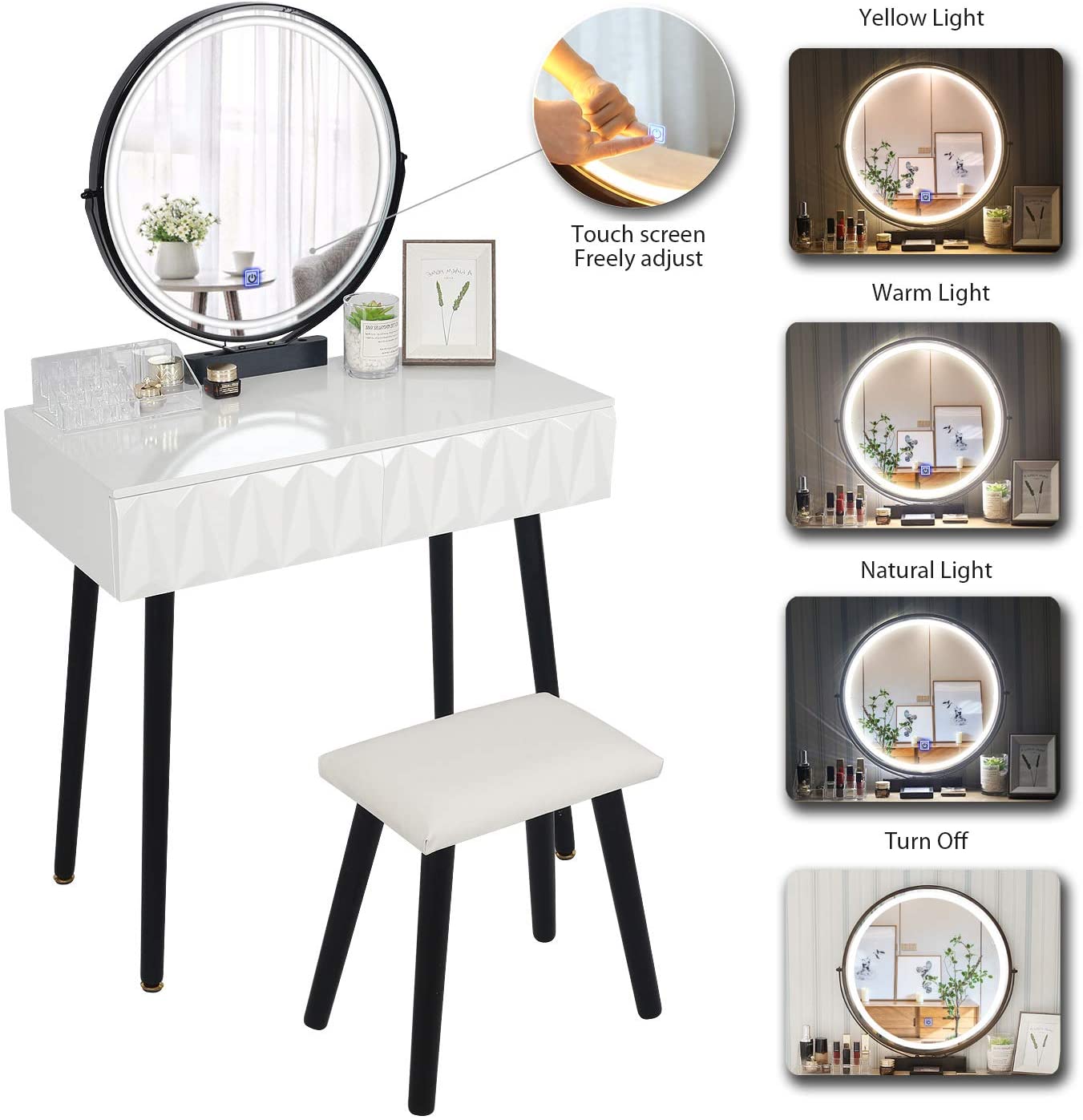 YOURLITEAMZ Vanity Table Set with Adjustable Brightness Mirror and Cushioned Stool, Dressing Table V