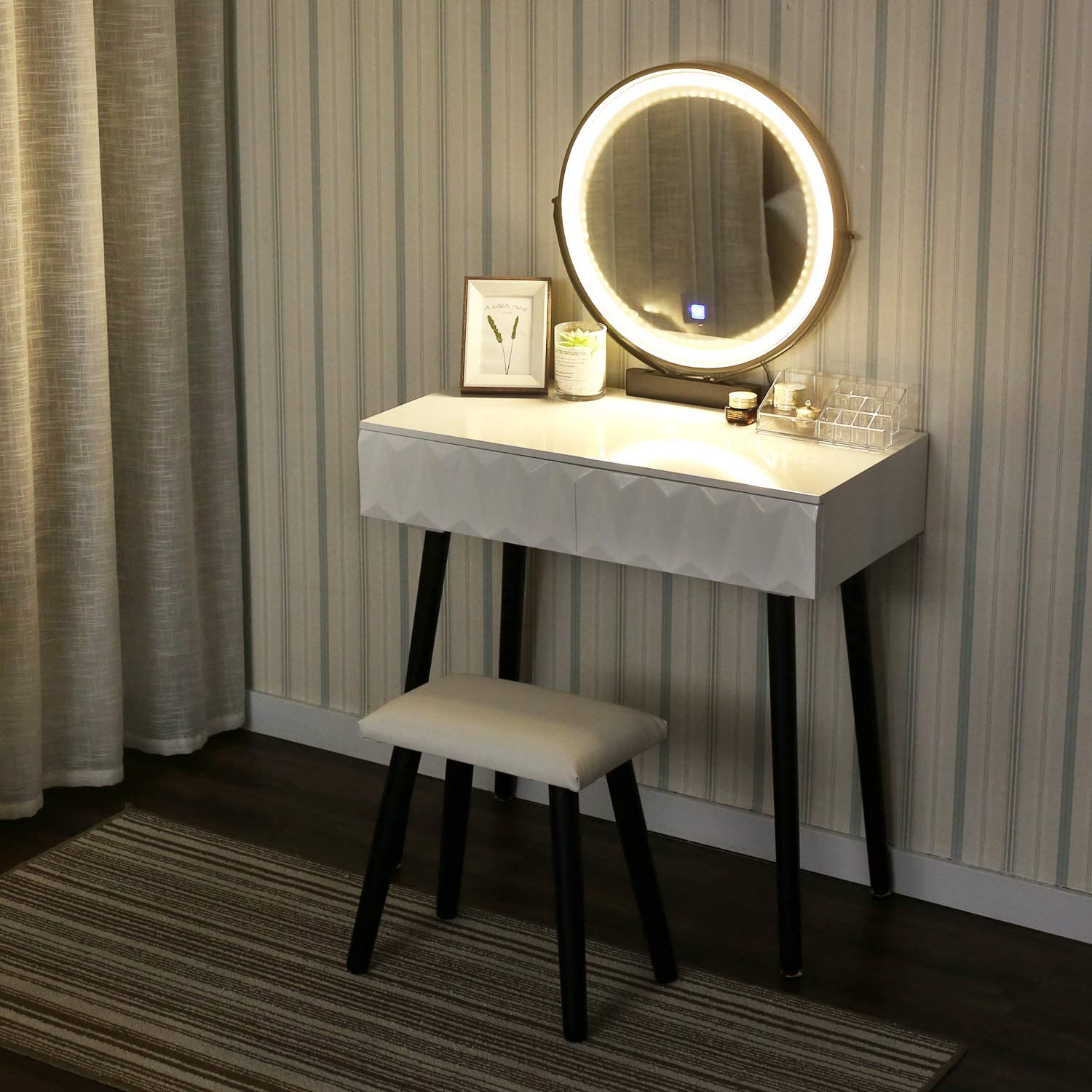 YOURLITEAMZ Vanity Table Set with Adjustable Brightness Mirror and Cushioned Stool, Dressing Table V