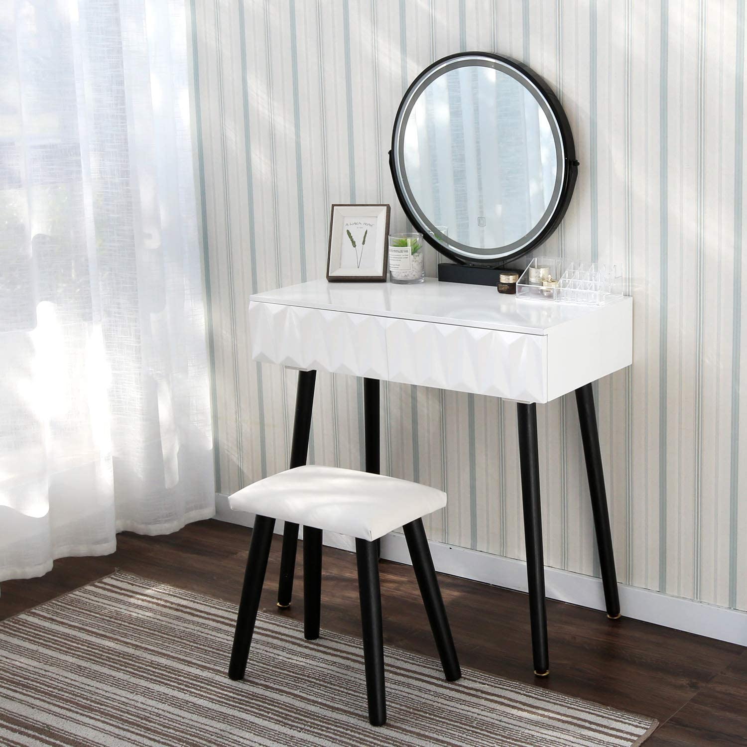 YOURLITEAMZ Vanity Table Set with Adjustable Brightness Mirror and Cushioned Stool, Dressing Table V