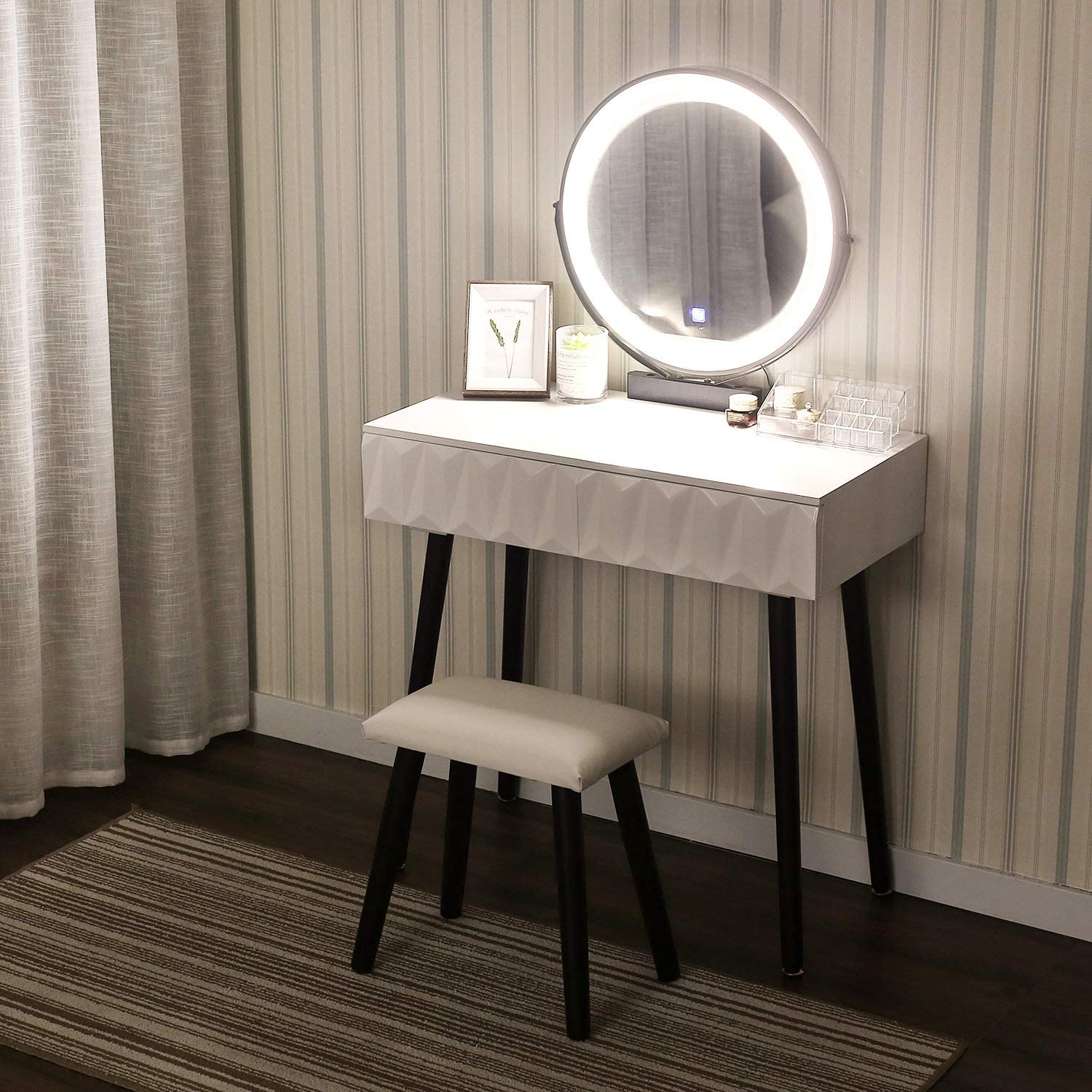 YOURLITEAMZ Vanity Table Set with Adjustable Brightness Mirror and Cushioned Stool, Dressing Table V