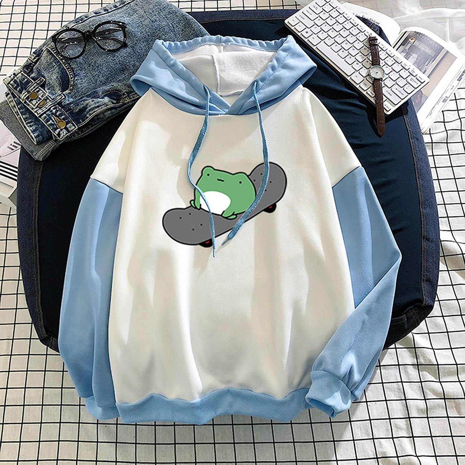 Hoodies for Womens,Womens Cute Frog Print Long Sleeve Pullover Tunic Loose Hoodies Crewneck Tops Blo