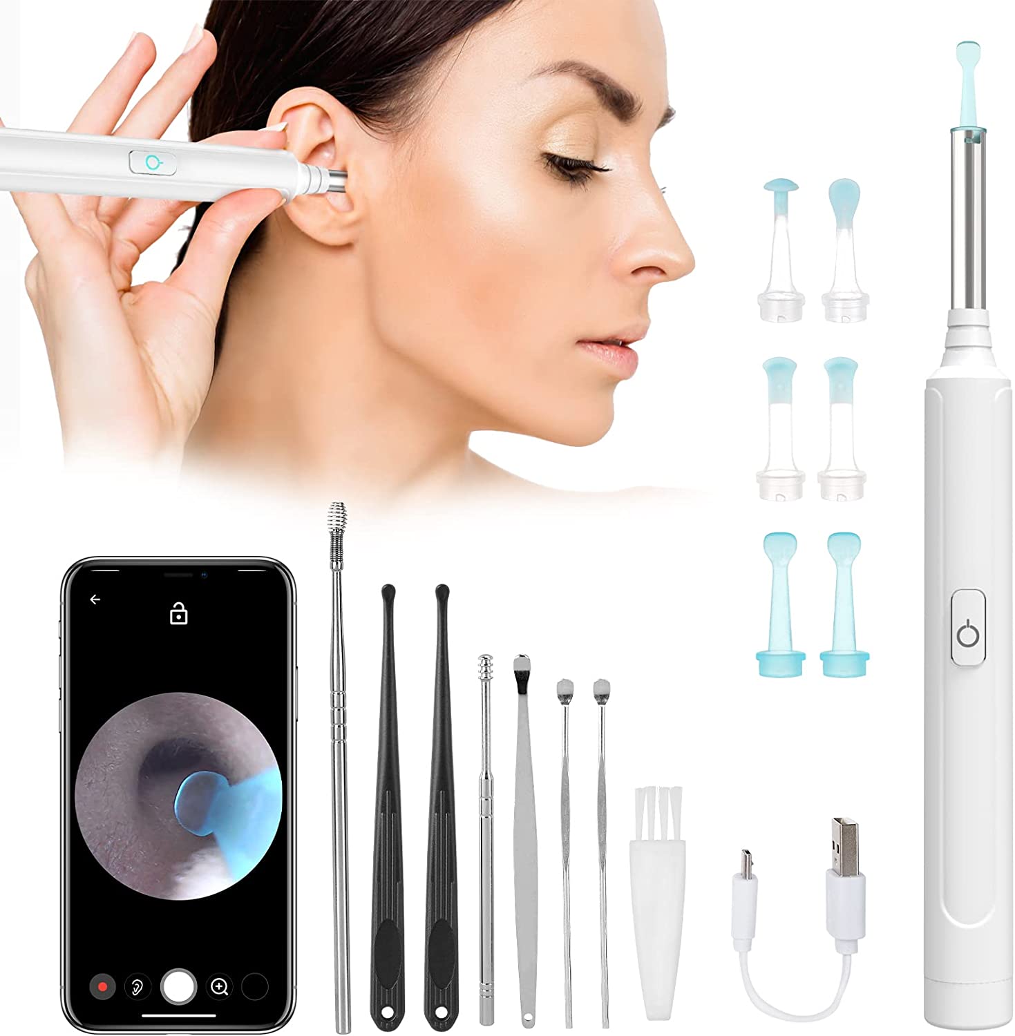 Ear Wax Removal, Earwax Remover Tool with 1296P FHD Ear Camera, 6 Low-Temp LED Lights, Ear Cleaner C