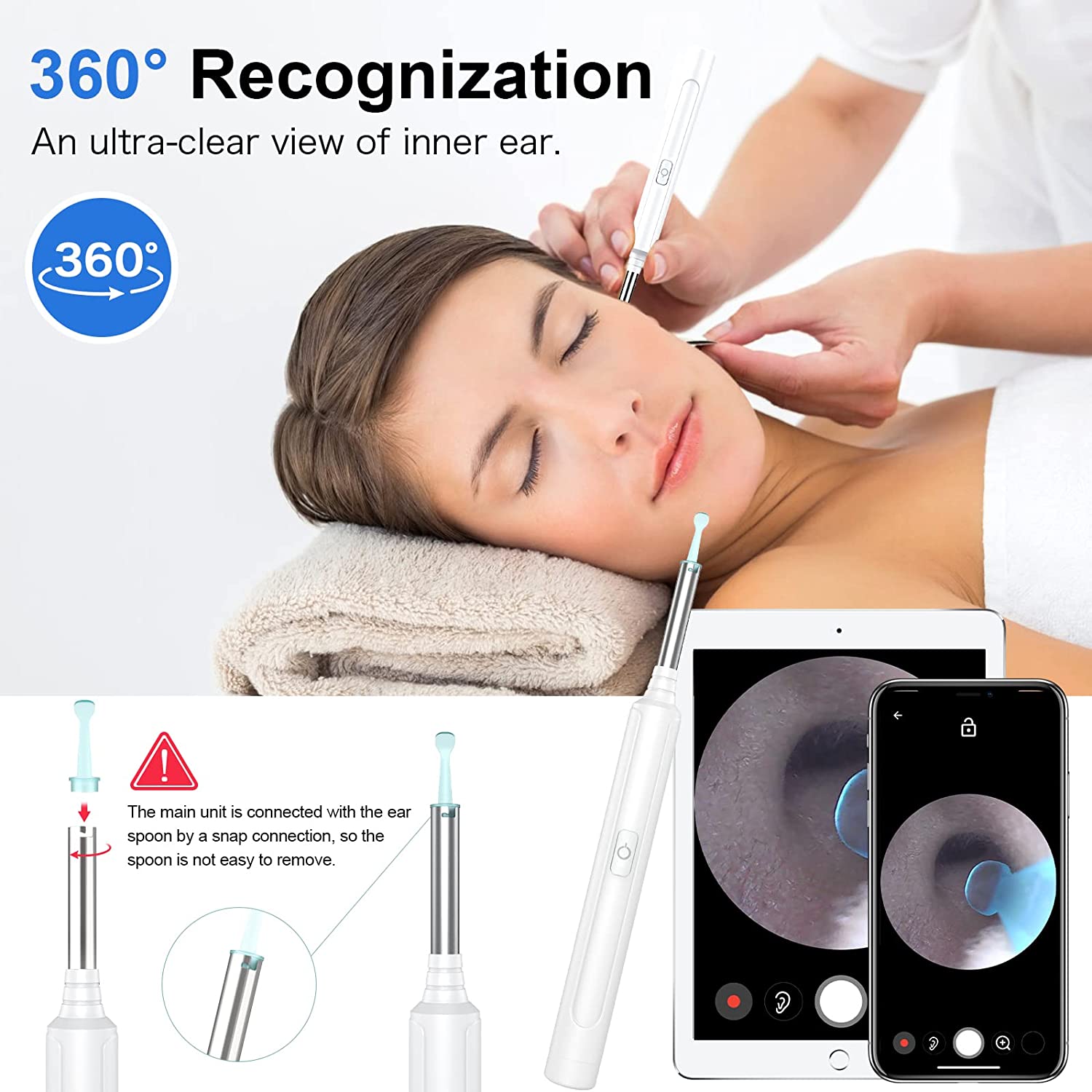 Ear Wax Removal, Earwax Remover Tool with 1296P FHD Ear Camera, 6 Low-Temp LED Lights, Ear Cleaner C