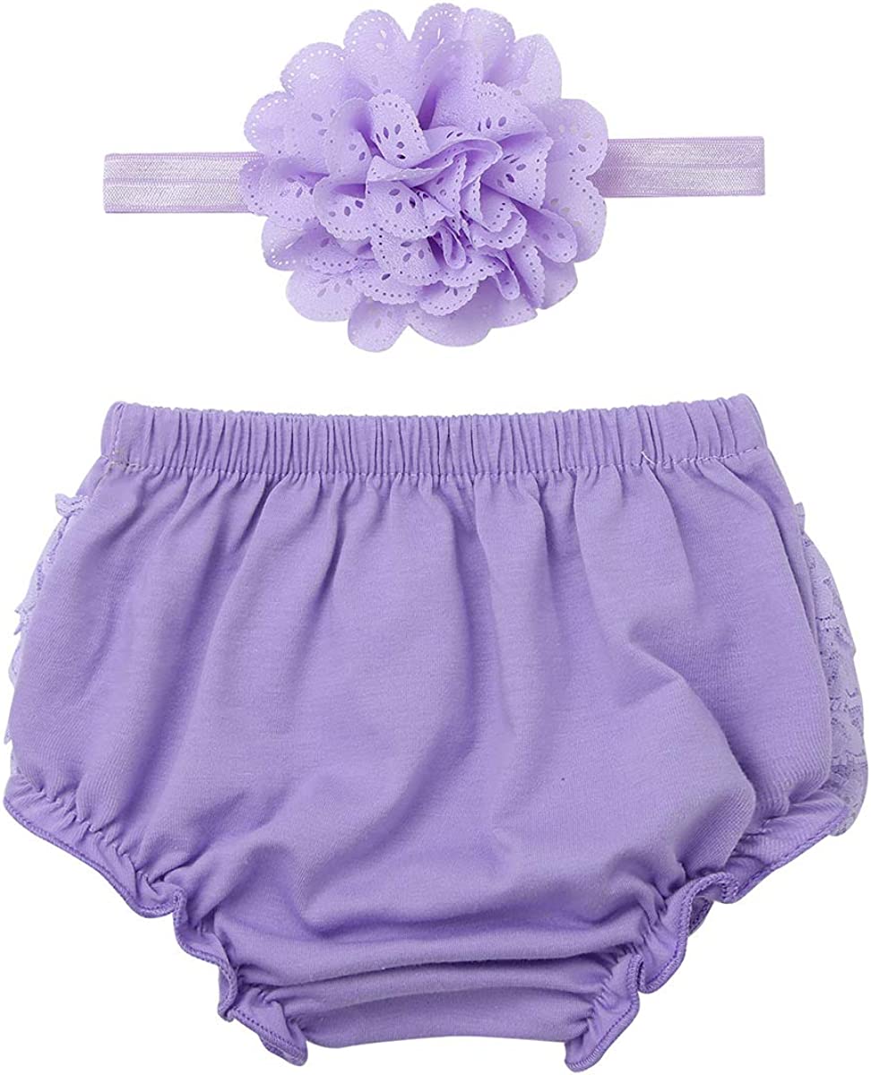 Yeahdor Infant Baby Girls Elastic Waistband Lace Ruffled Frilled Diaper Cover Bloomers with Headband