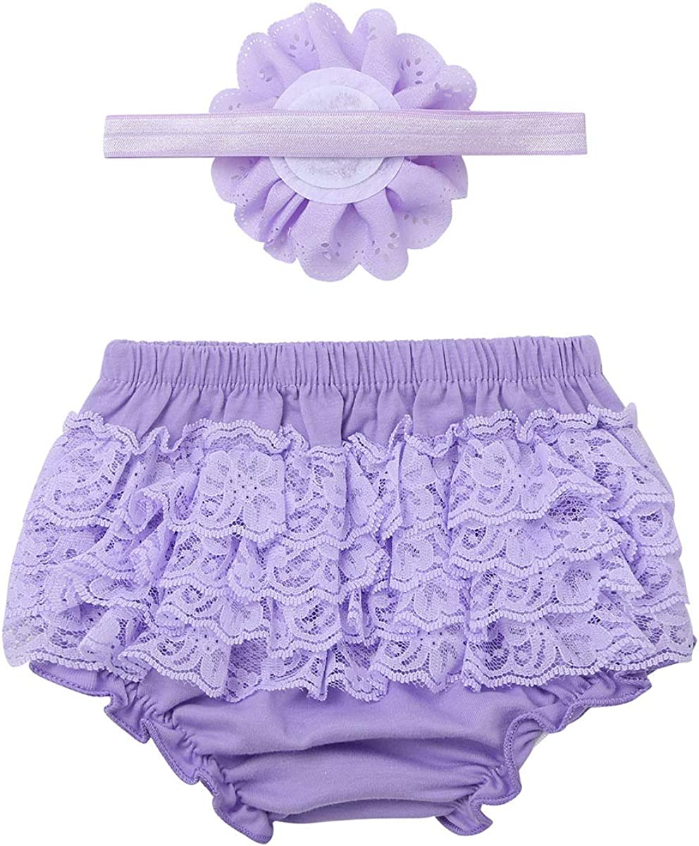 Yeahdor Infant Baby Girls Elastic Waistband Lace Ruffled Frilled Diaper Cover Bloomers with Headband