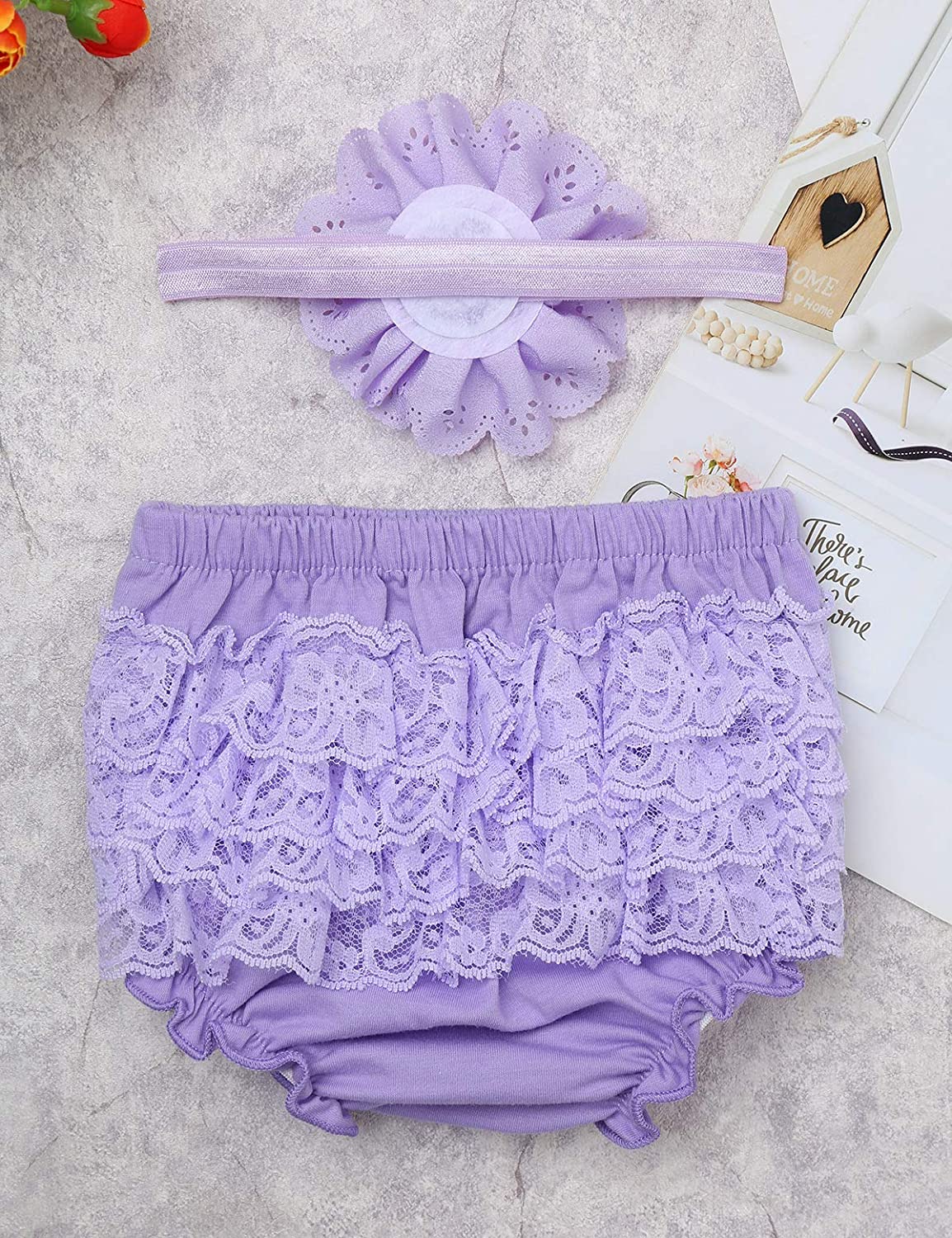 Yeahdor Infant Baby Girls Elastic Waistband Lace Ruffled Frilled Diaper Cover Bloomers with Headband