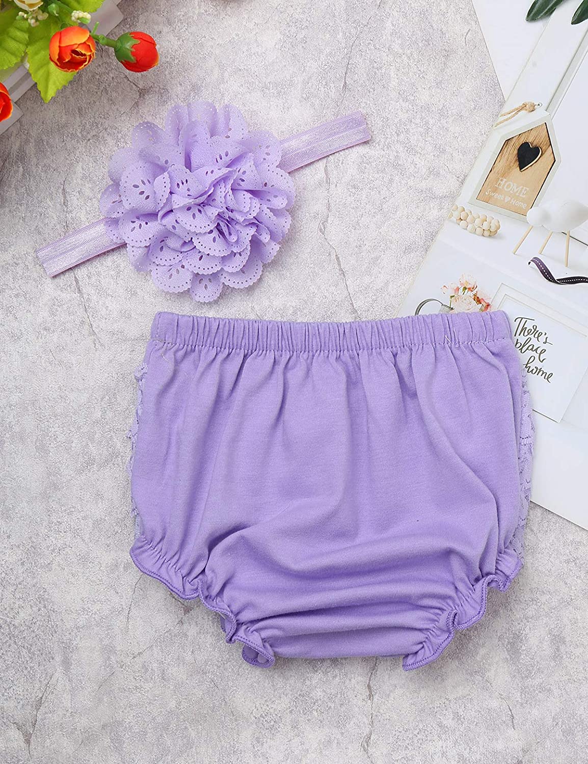 Yeahdor Infant Baby Girls Elastic Waistband Lace Ruffled Frilled Diaper Cover Bloomers with Headband