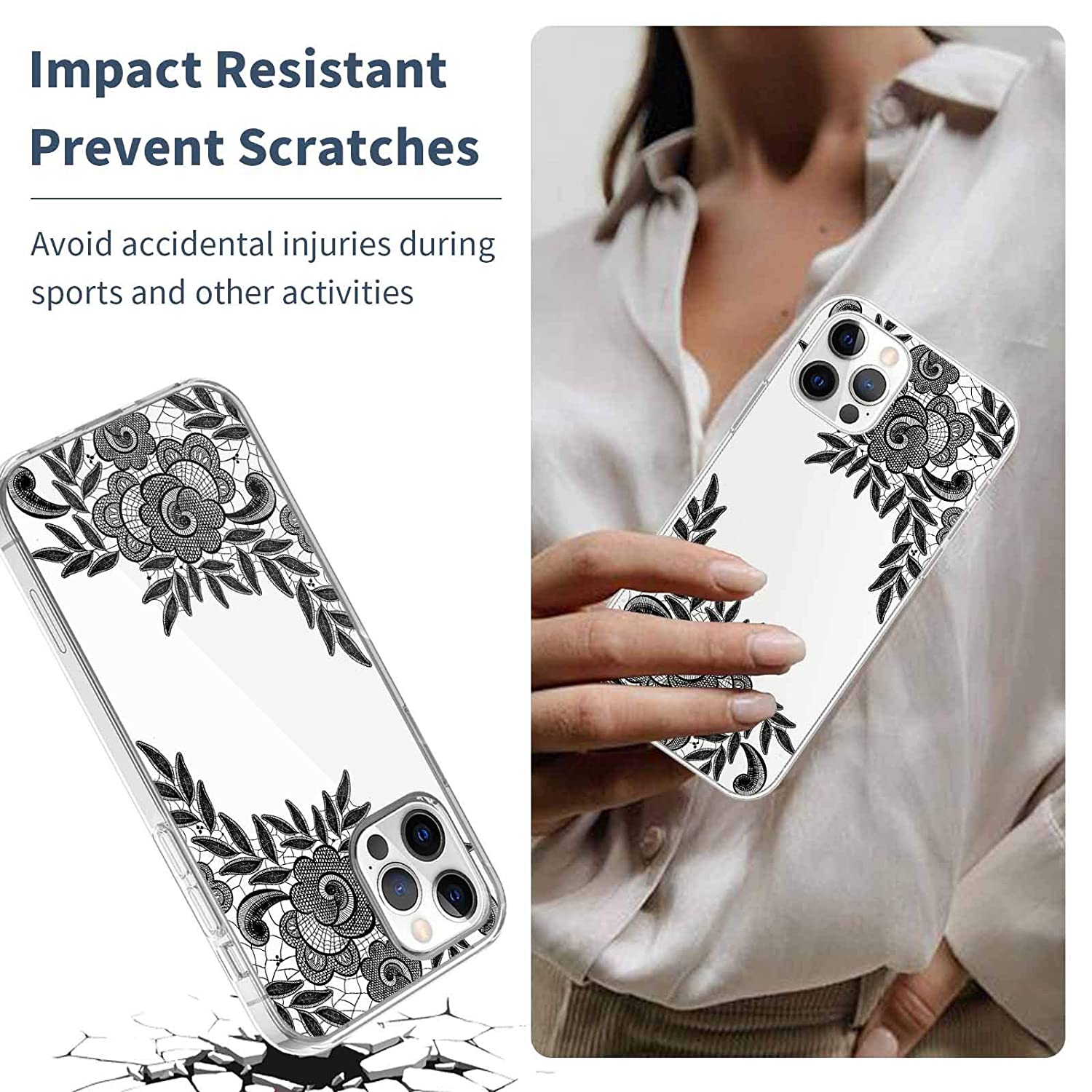 Cover Case Compatible With iPhone 12 Pro 6.1 inch 2020,Flower Lace Edge Pattern Liquid Crystal Soft 