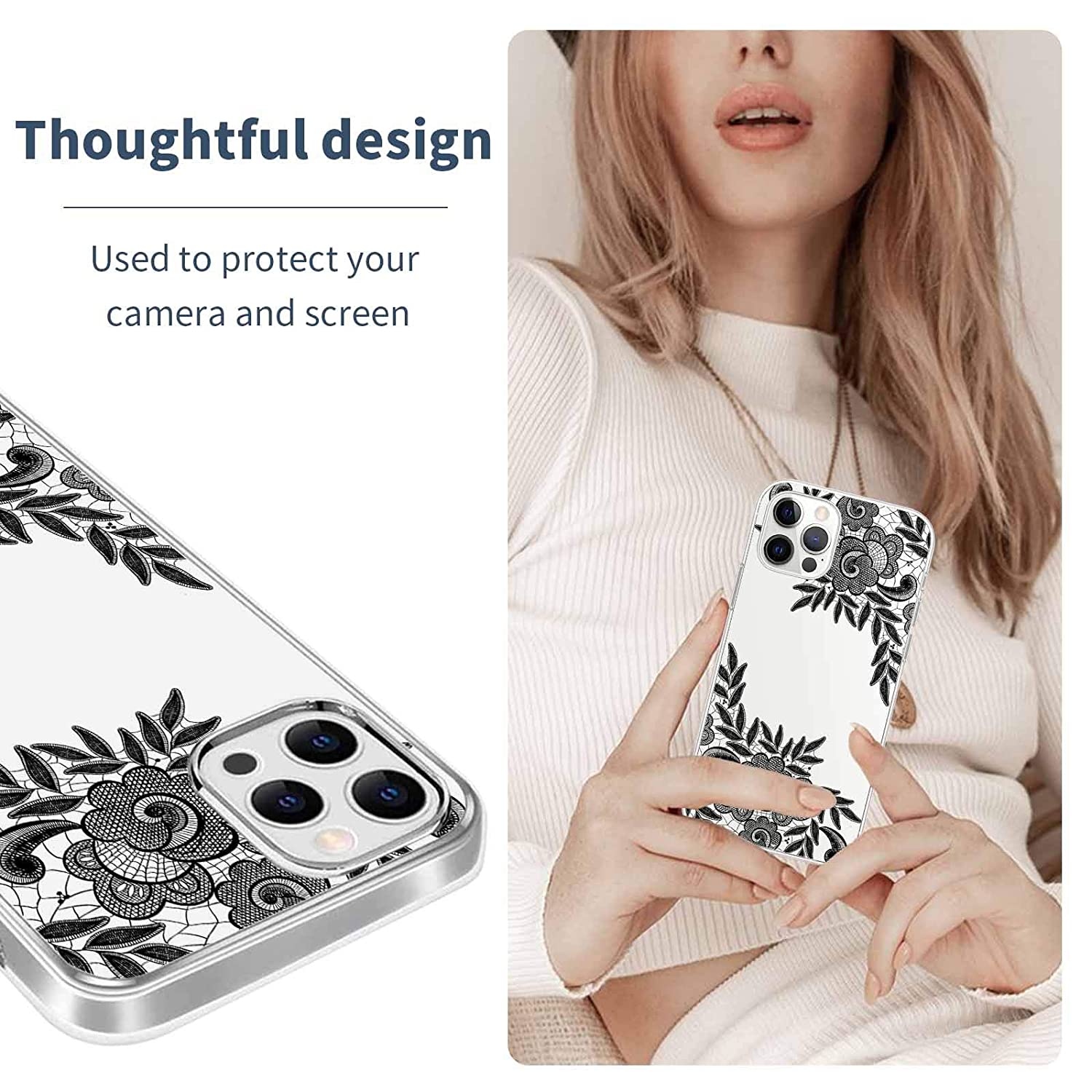 Cover Case Compatible With iPhone 12 Pro 6.1 inch 2020,Flower Lace Edge Pattern Liquid Crystal Soft 