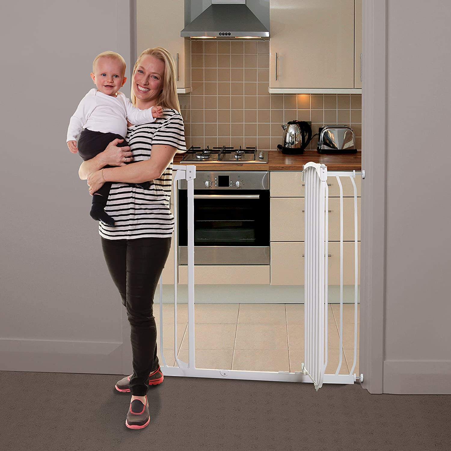 Dreambaby Chelsea Extra-Tall & Wide Auto-Close Security Baby Safety Gate- White - with Extensions -