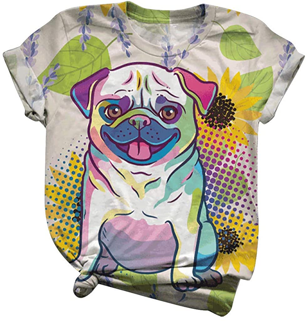 Dosoop Graphic Short Sleeve for Women Cute Animal Pet Dog Print Crewneck T-Shirt Tops Blouse Casual 