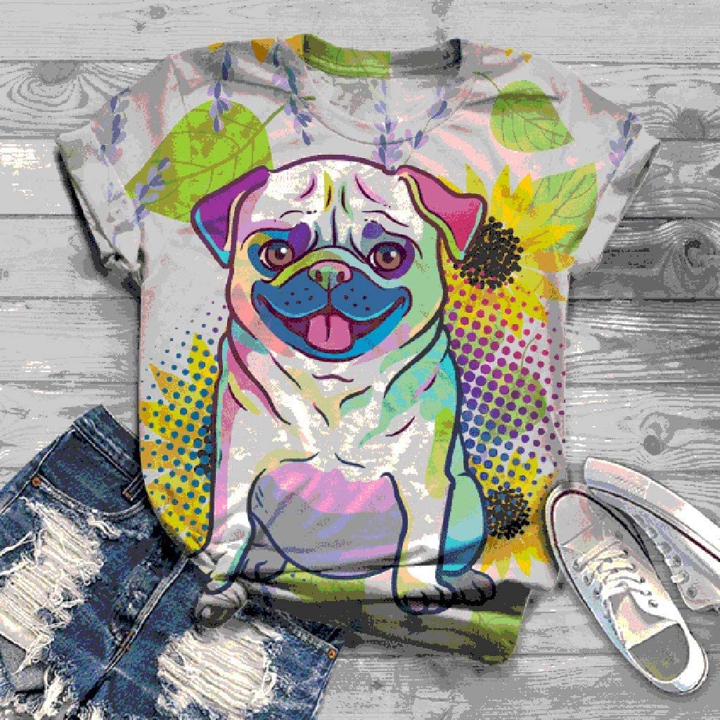 Dosoop Graphic Short Sleeve for Women Cute Animal Pet Dog Print Crewneck T-Shirt Tops Blouse Casual 