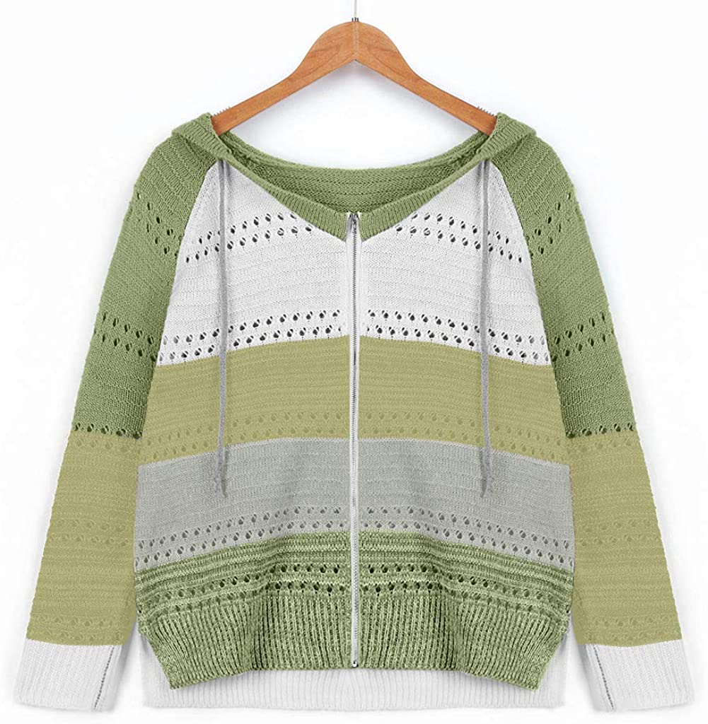 Dosoop Women Shirt 2020 Blouse Sweater Hoodies Patchwork Long Sleeves Hooded Cardigan Knitted Pullov