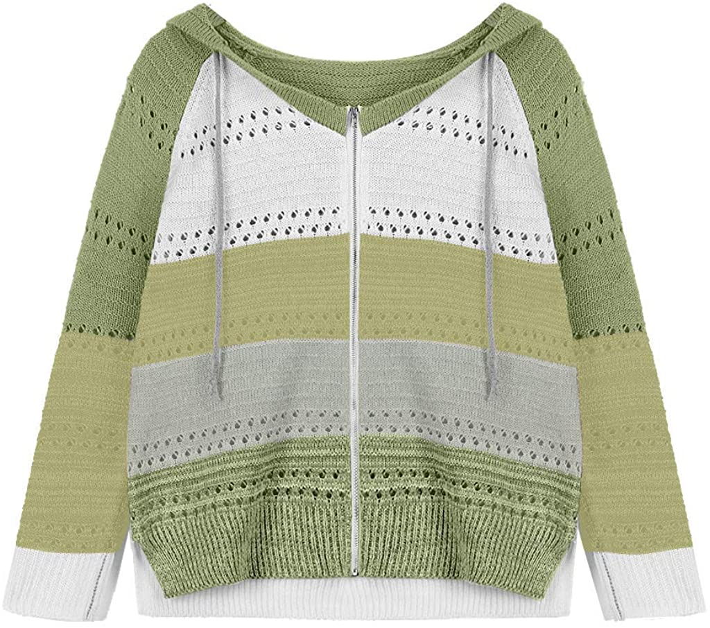 Dosoop Women Shirt 2020 Blouse Sweater Hoodies Patchwork Long Sleeves Hooded Cardigan Knitted Pullov