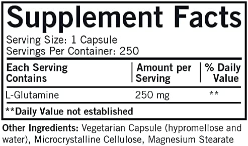 L-Glutamine 250 mg - Hypoallergenic | 250 Vegetarian Capsules | Amino Acid | Gluten and Casein Free